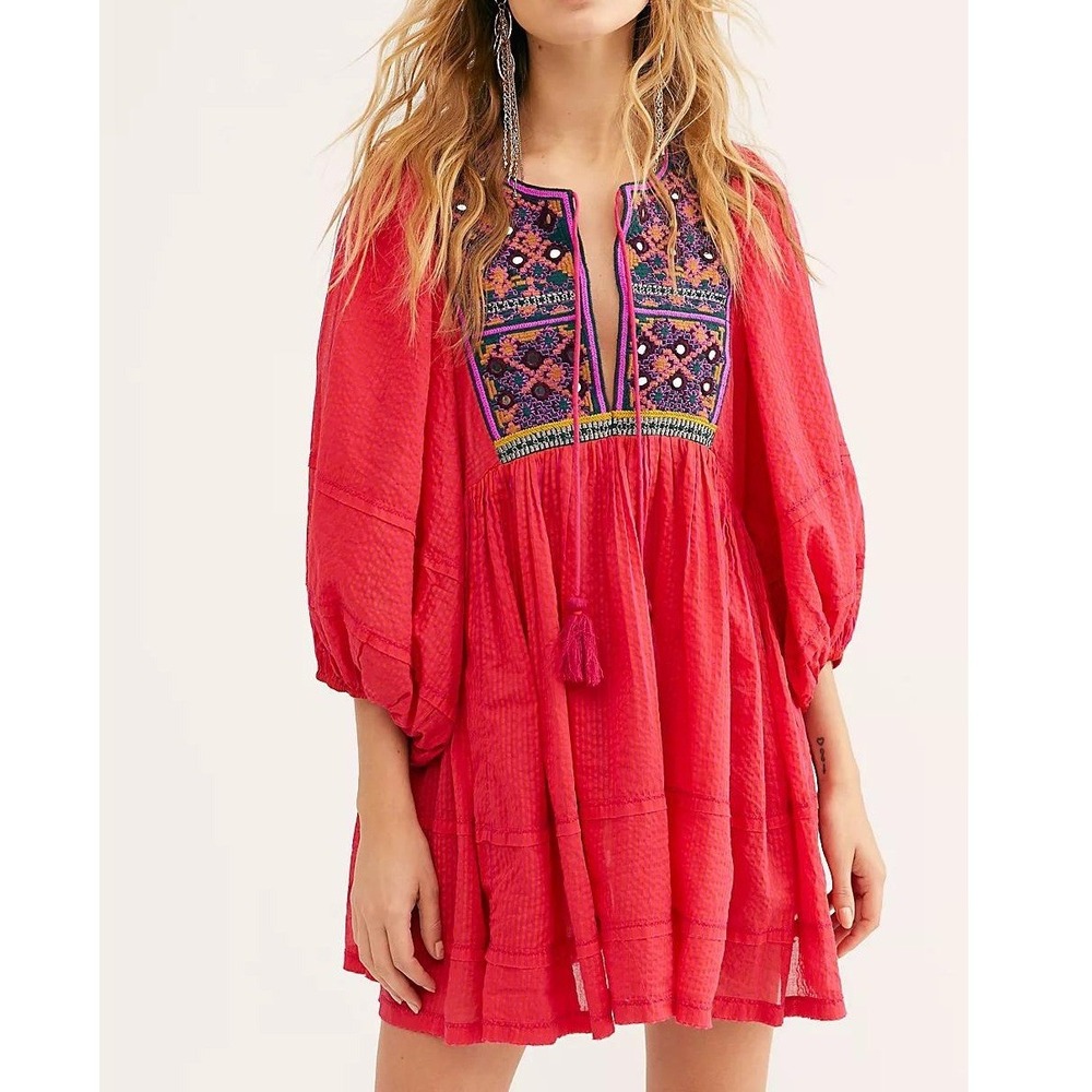 Free People Tangier Embroidered Tunic Dress Red Boho Mirror Tassel Large Boho